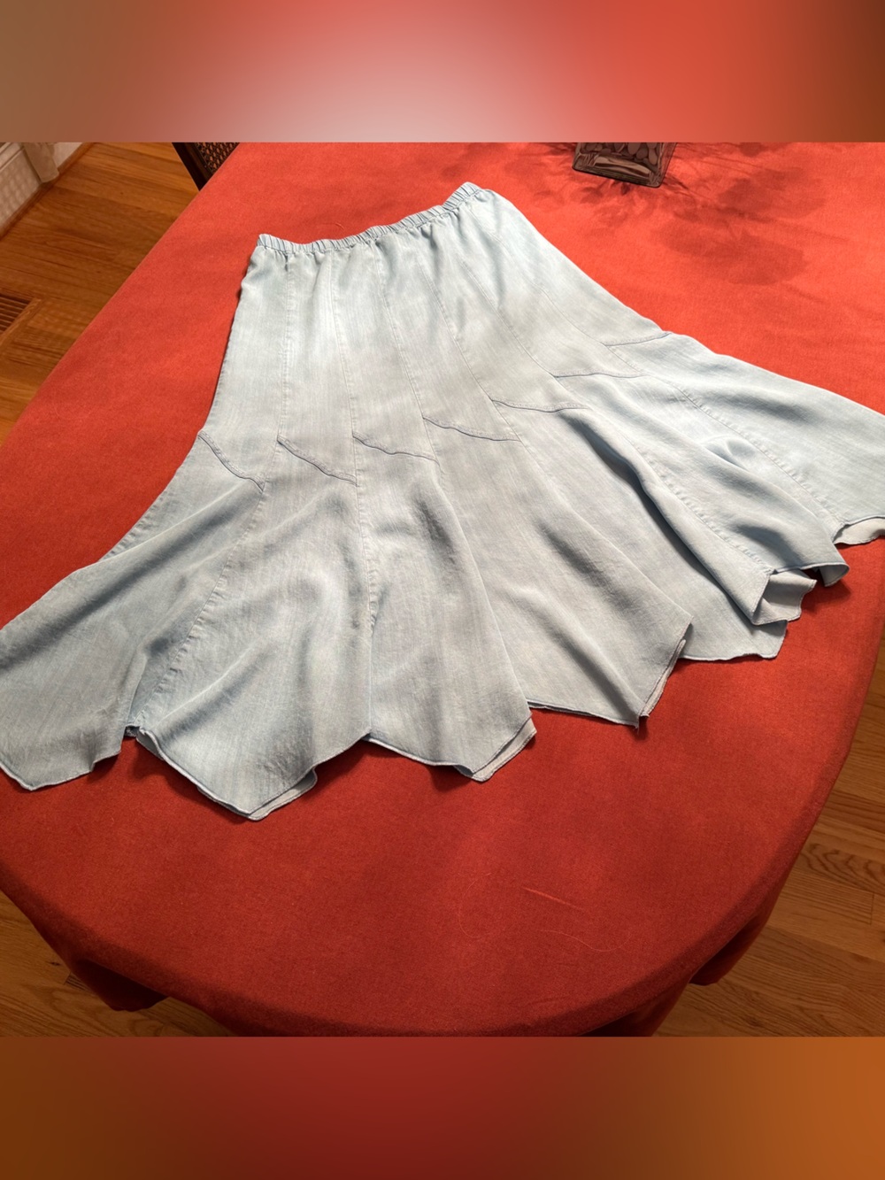 Light Blue Flared Handkerchief Hem Midi Skirt, size M/L